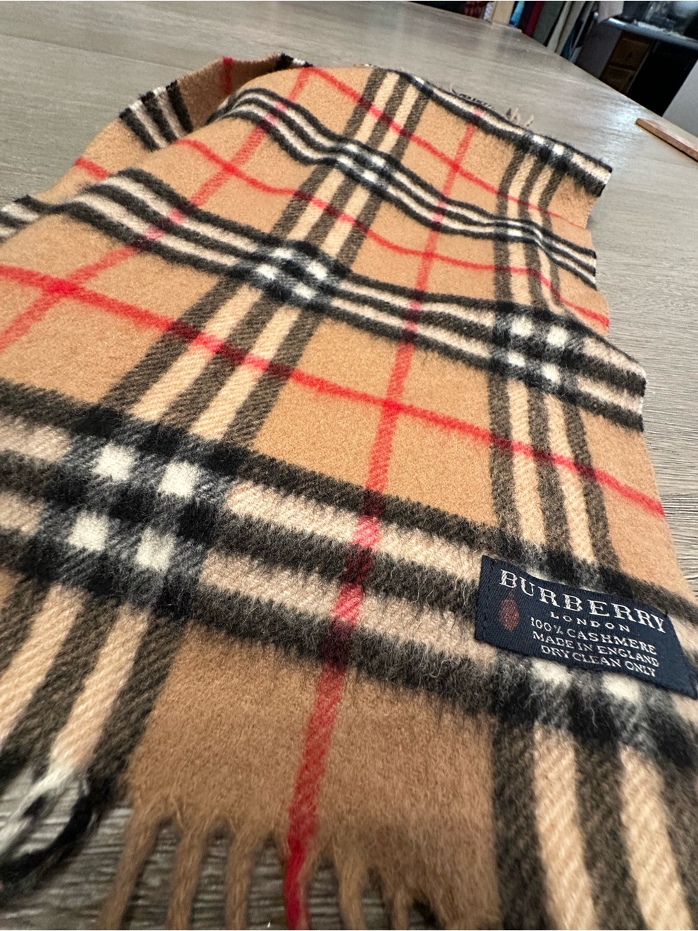 Burberry Tan Check Cashmere Scarf with Black & Red Accents